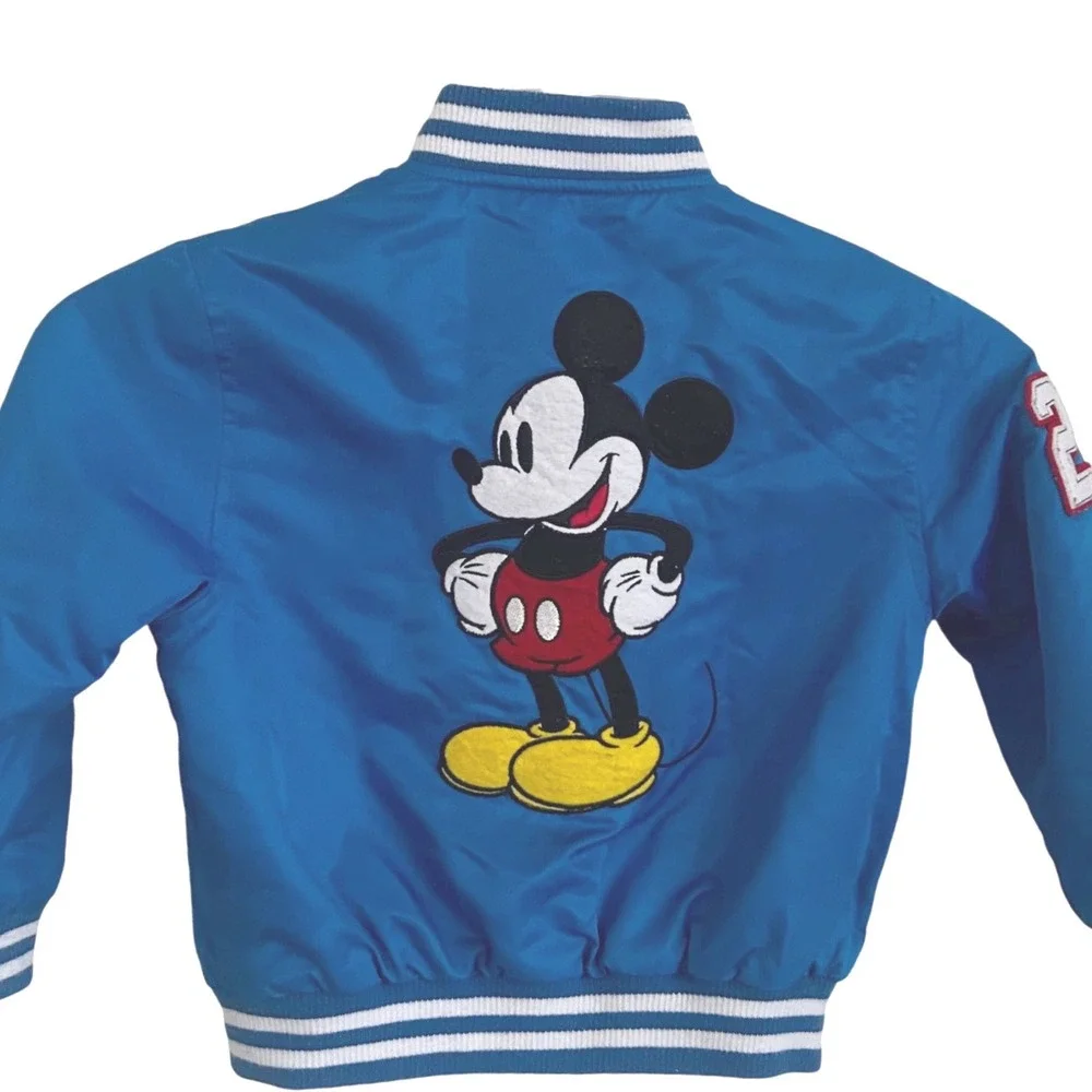 Retro Blue Mickey Mouse Bomber Jacket Racing‎ Stripes Patch Zip Up Kids Size 4T